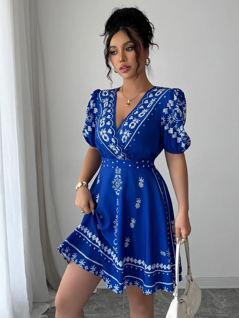 OUTZIDR  White Printed V-Neck Dress for Women | Best Price UAE